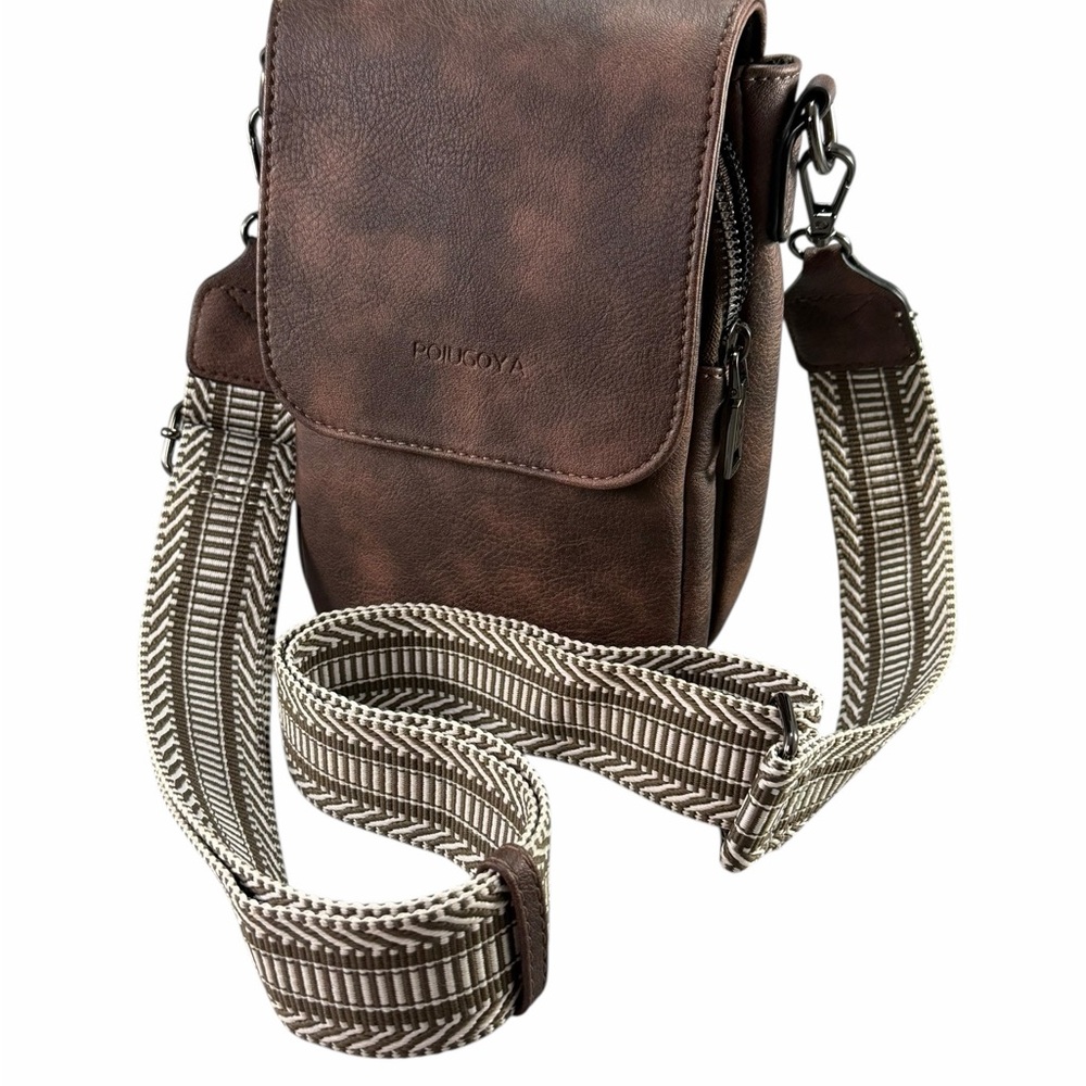 Women’s Brown Medium Crossbody Bag Wallet Faux Leather Canvas Adjustable Strap